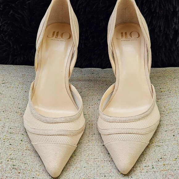 J LO Jennifer Lopez Women Heel sandal Pump Beige Textile Upper Shoe Size 8.5M - Picture 2 of 12